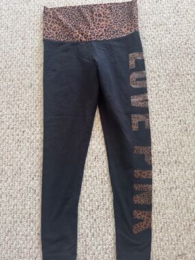 Women’s Leopard Print Waistband & Side Logo Leggings - Black/Brown